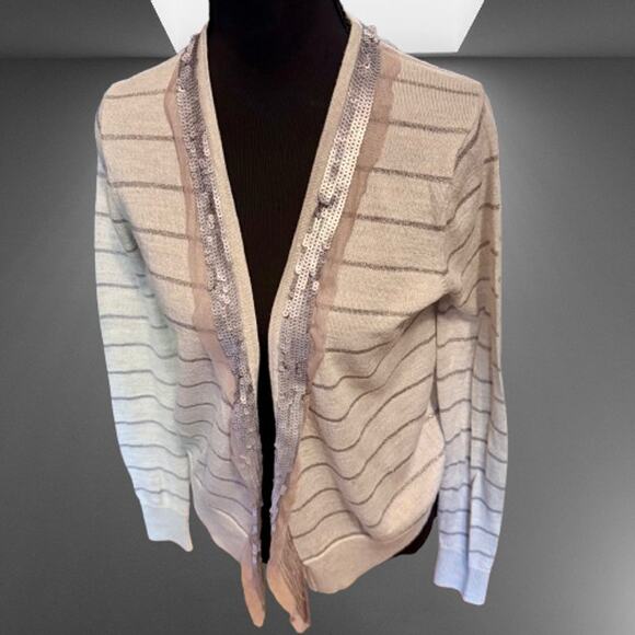 Ann Taylor LOFT Sequin Gray Metallic Striped Beige Cardigan - Picture 1 of 8